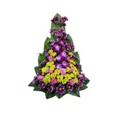 Sami traditional Balinese arrangement with purple daisy chrysanthemums, Singapore orchids and pink roses by Sunny Florist Bali