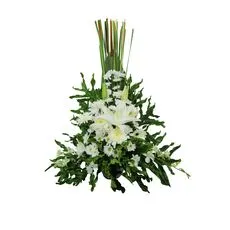 Asha - all-white traditional Balinese arrangement with oriental lily, orchid and reed grass