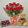 12 Bali Red Roses Bunch Teddy Bear and Chocolate