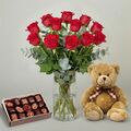 12 Bali Red Roses With Vase & Teddy & Chocolates