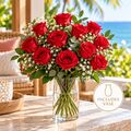 12 red roses in a vase