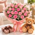20 pink roses with chocolates and teddy