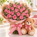 20 pink roses and a teddy bear