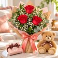 red roses and teddy bear and chocolates
