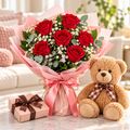 roses teddy bear and chocolates