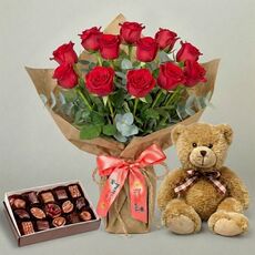 12 Bali Red Roses Bunch Teddy Bear and Chocolate