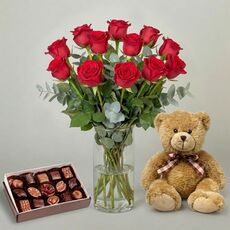 12 Bali Red Roses With Vase & Teddy & Chocolates