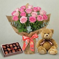 20 Bali Pink Rose With Teddy And Chocolates