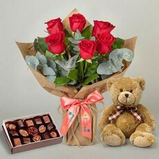 6 Red Rose Bunch + Teddy And Chocs