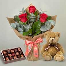 3 Bali Roses + Teddy Bear + Chocolates