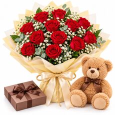 12 red roses. teddy bear. chocolates