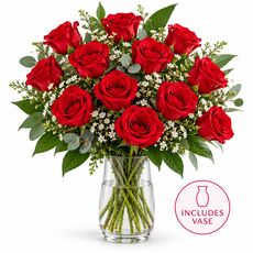 12 red roses in a vase