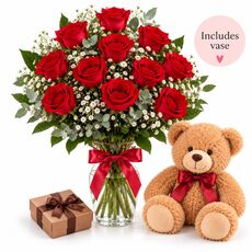 12 red roses, vase, teddy, chocolates