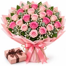 20 pink roses and chocolates