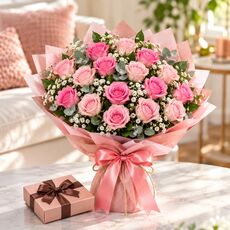 20 pink roses and chocolates