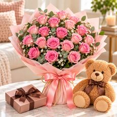 20 pink roses with chocolates and teddy