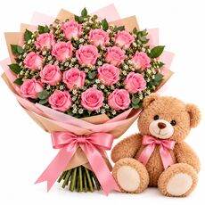 20 pink roses and a teddy bear