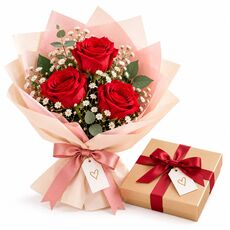 3 red roses and chocolates