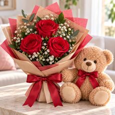 3 red roses and a teddy