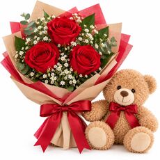 3 red roses teddy