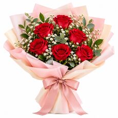 6 red roses in a bunch