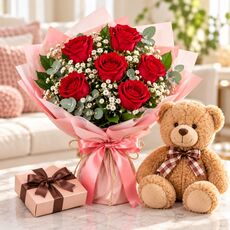 roses teddy bear and chocolates