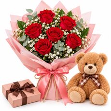 6 roses with teddy bear and chocolates