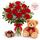 12 red roses, vase, teddy, chocolates