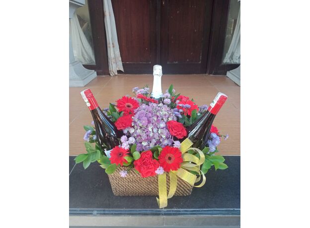 Bottles Of Red, White & Sparkling With Flowers life