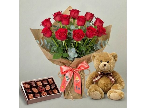 12 Bali Red Roses Bunch Teddy Bear and Chocolate
