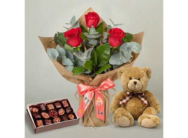 3 Bali Roses + Teddy Bear + Chocolates