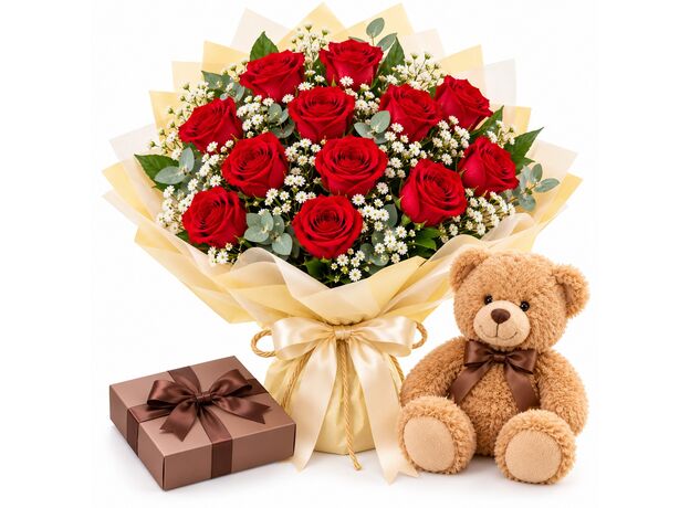 12 red roses. teddy bear. chocolates