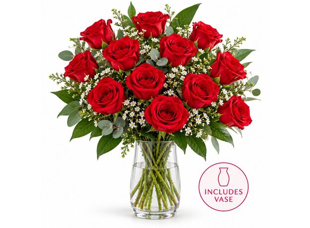 12 red roses in a vase