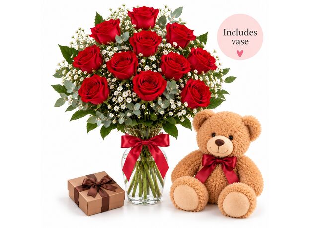 12 red roses, vase, teddy, chocolates