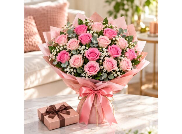 20 pink roses and chocolates