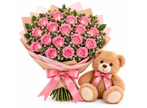 20 pink roses and a teddy bear