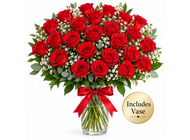 24 red roses in a vase