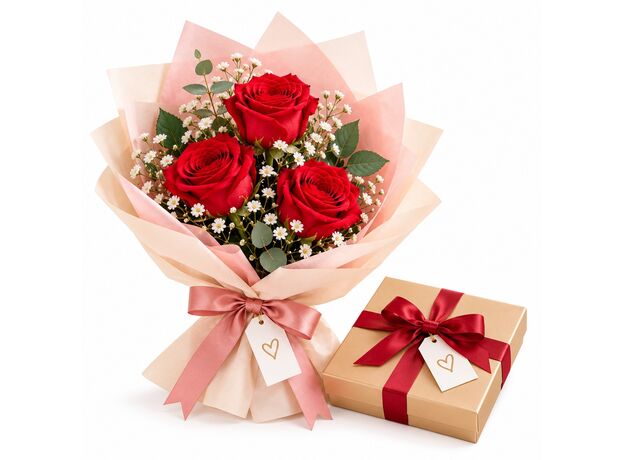 3 red roses and chocolates
