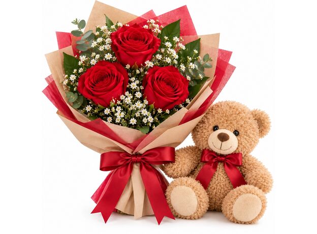3 red roses teddy