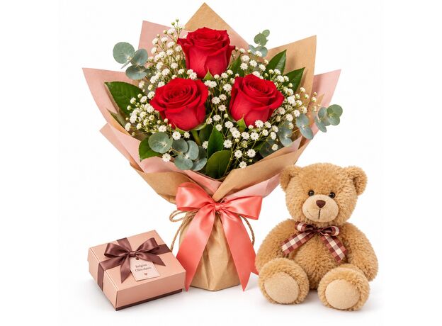 red roses teddy bear and chocolates