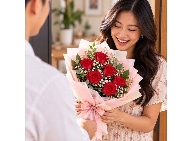 6 red roses in a bunch