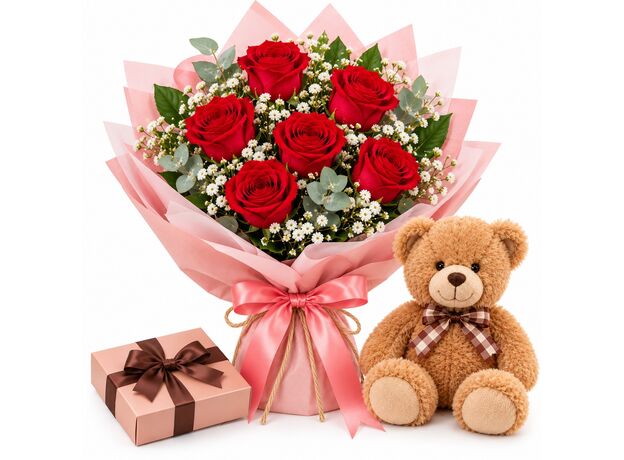 6 roses with teddy bear and chocolates