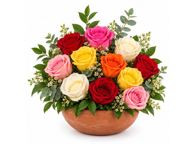 12 mixed roses in a pot