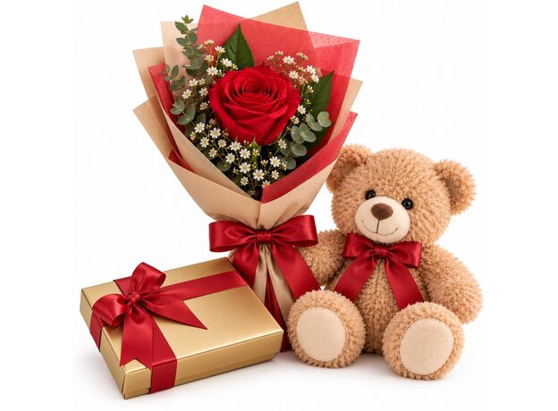single red rose teddy and chocolatesbali